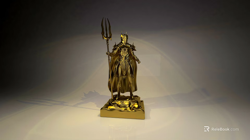 Golden Mythical Statue With Trident Armor And Square Base 3d model 