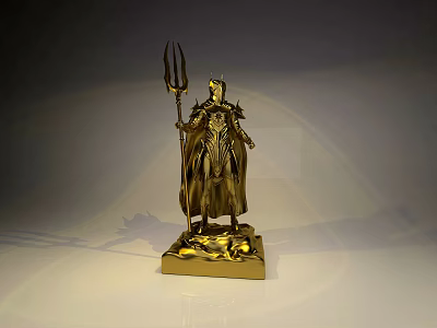 Golden Mythical Statue With Trident Armor And Square Base 3d model
