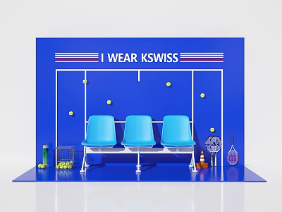 KSWISS Themed Photo Spot With Blue Seats And Tennis Elements On Blue Background 3d model