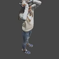 Game Character Girl Scratching Hair Wearing White Sweater Blue Ripped Jeans And Blue Shoes