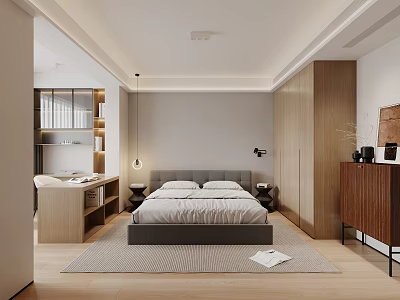 Modern Bedroom Interior Design With Wooden Bed And Bedside Tables Soft Lighting Area Rug 3d model