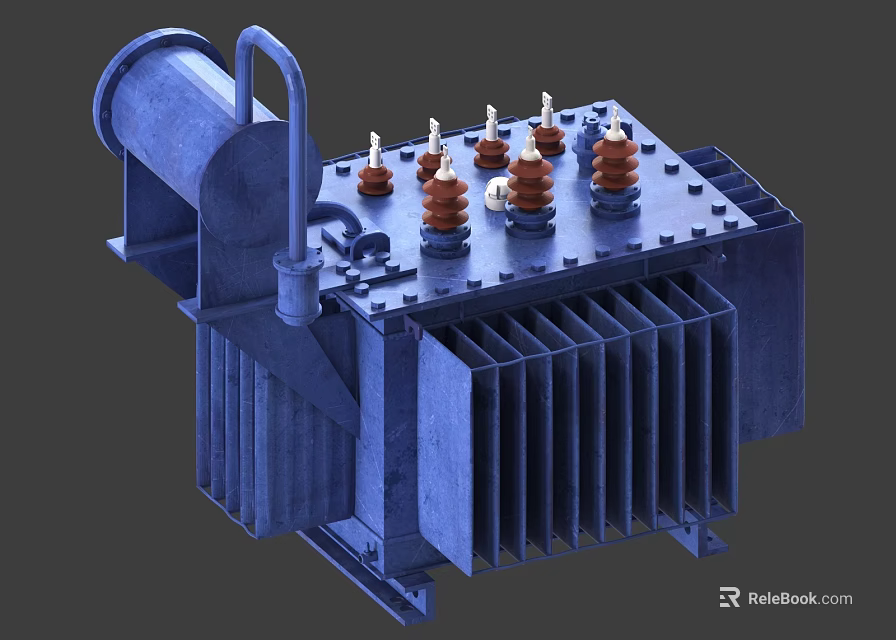 Industrial Transformer Electrical Equipment with Metal Housing Cooling Fins and Insulating Bushings 3d model 