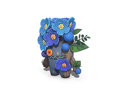 Knitted Game and Movie Character With Blue Flowers Leaves and Decorative Details 3d model