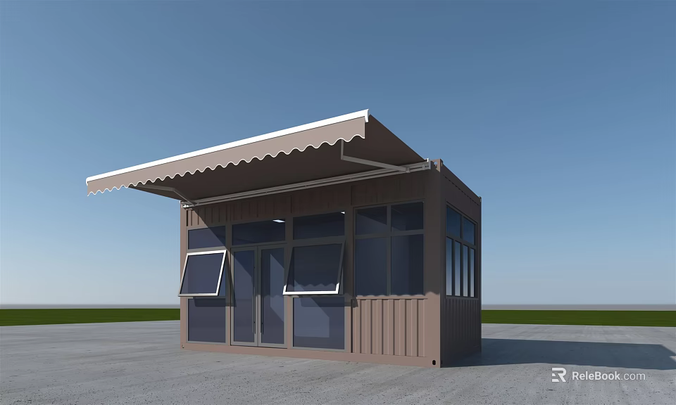 Brown Container Style Supermarket Department Store With Awning And Glass Windows Doors 3d model 