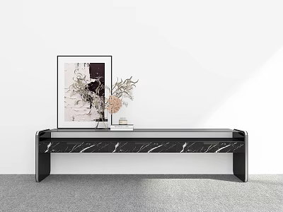 Modern TV Stand With Black Frame And Marble Top Featuring Decorative Artwork And Vase 3d model