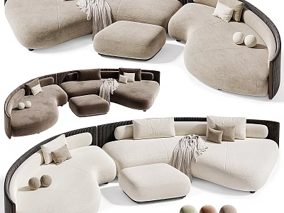 Modern Two-Seater Curved Sofa in Beige with Matching Ottoman Pillows and Throw Blanket 3d model