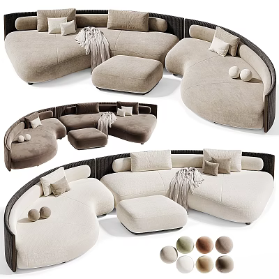 Modern Two-Seater Curved Sofa in Beige with Matching Ottoman Pillows and Throw Blanket 3d model