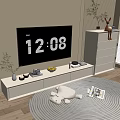 Modern White TV Stand with TV Vase Fruit Bowl Books and Stuffed Toys on Rug