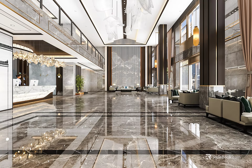Luxurious Hotel Lobby With Marble Floor Reception Desk Chandelier And Seating Area 3d model 