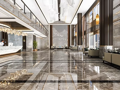 Luxurious Hotel Lobby With Marble Floor Reception Desk Chandelier And Seating Area 3d model
