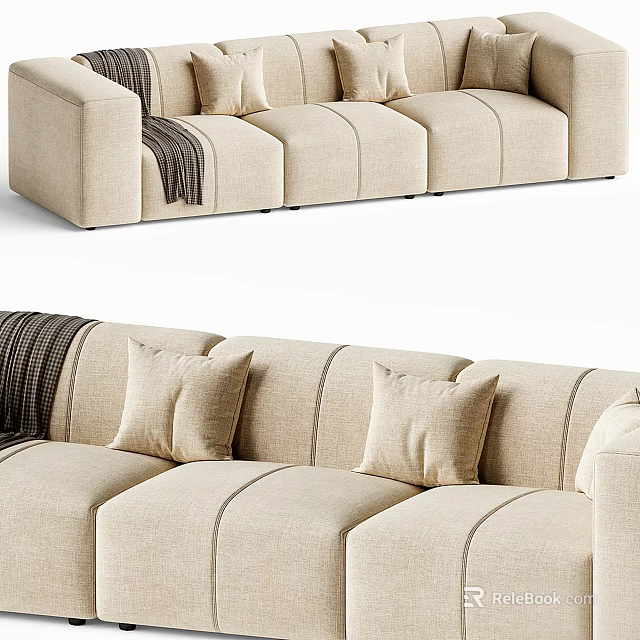 Beige Sectional Sofa With Soft Cushions And Throw Blanket Modern Design 3d model