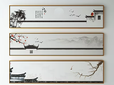 Chinese Ink Paintings With Bamboo Moon Flying Birds Plum Blossoms And Traditional Buildings 3d model