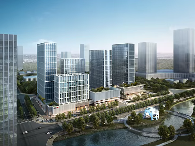 Modern Urban Aerial Planning With High Rise Buildings Riverfront And Green Spaces 3d model