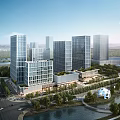 Modern Urban Aerial Planning With High Rise Buildings Riverfront And Green Spaces
