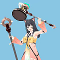 Standing Woman in Orange White Traditional Dress Holding Staff and Katana on Blue Background