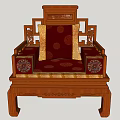 Chinese Style Single Sofa with Wooden Carved Frame Red Cushions Golden Patterns and Throw Pillow