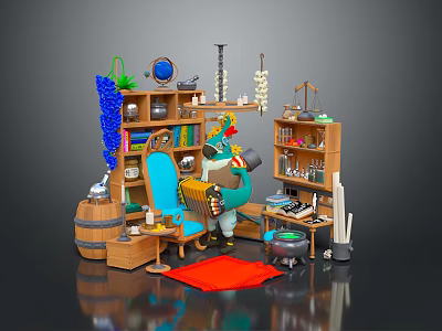 Cartoon Style Decorative Scene With Wooden Shelves Blue Rooster Figurine Accordion Books And Red Carpet 3d model