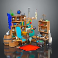 Cartoon Style Decorative Scene With Wooden Shelves Blue Rooster Figurine Accordion Books And Red Carpet