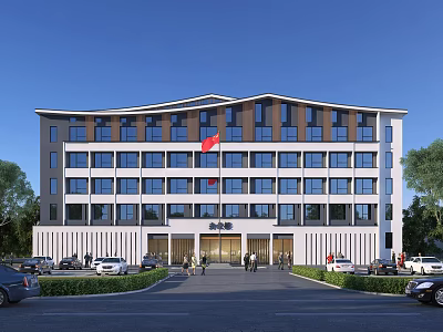 Modern Office Building Exterior With Glass Windows Red Flag Parking Area And Pedestrians 3d model
