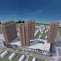 Modern Commercial Complex With High Rise Buildings Glass Facade And Parking Structure