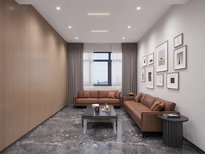 Modern Living Room Interior With Wooden White Walls Brown Sofas Framed Pictures And Marble Floor 3d model