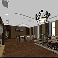 Elegant Modern Private Room Interior With Sofa Chandelier Dining Table Wooden Floor And Windows