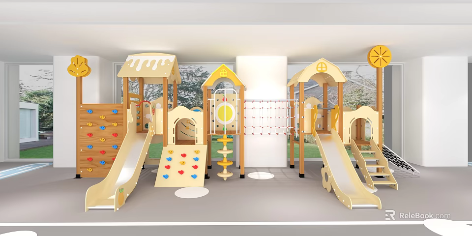 Fun Wooden Playground with Slides Climbing Walls and Playhouses for Kids 3d model 