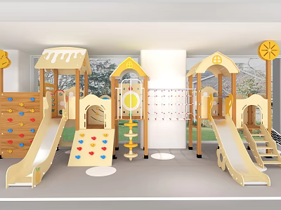 Fun Wooden Playground with Slides Climbing Walls and Playhouses for Kids 3d model