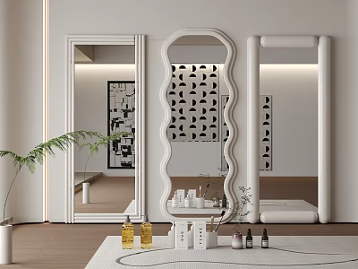 Bathroom Mirror With Wavy Design White Frame Modern Minimalist Decorative Items And Potted Plant 3d model