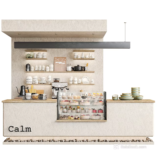 Calm Café Interior With Coffee Counter Dessert Display Case And Shelves Featuring Cups 3d model 