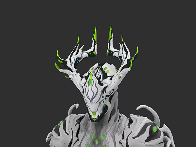 White And Green Mythical Game Character With Antler Like Head And Glowing Details 3d model