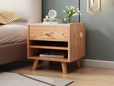 Wooden Bedside Nightstand With Drawer Open Shelf Alarm Clock Vase Flowers And Books 3d model
