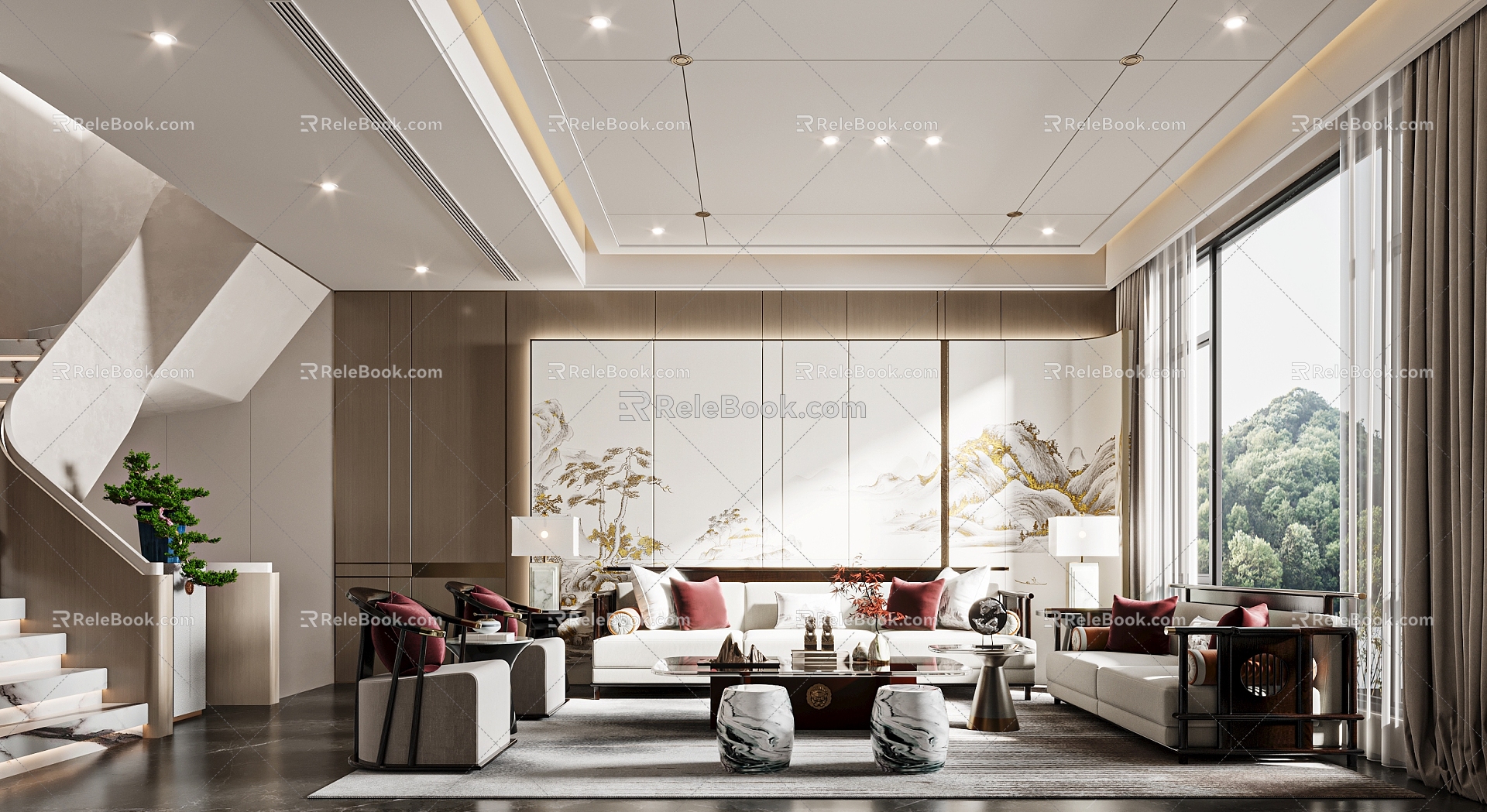 New Chinese Guest Restaurant Villa Living Room 3d model