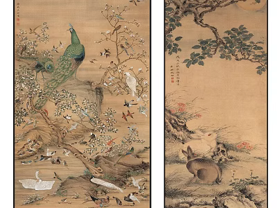 Traditional Chinese Painting Artwork Featuring Peacock Rabbit Birds And Floral Trees 3d model