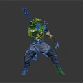 Legendary Warrior Character With Golden Hair Ornate Armor And Trident In Combat Stance