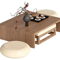 Minimalist Wooden Tea Table and Chairs with Teapot Cups Vase Red Berry Branches