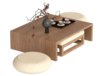 Minimalist Wooden Tea Table and Chairs with Teapot Cups Vase Red Berry Branches 3d model