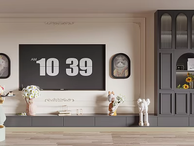 Elegant TV Wall with Decorative Paintings TV Cabinet and Sunflowers in Modern Living Space 3d model