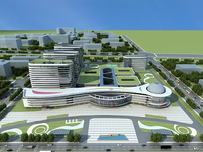 Modern Hospital Building Complex Featuring Green Roof Spacious Entrance Plaza And Surrounding Greenery 3d model