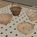 Woven Rattan Storage Baskets in Four Styles on Black White Checkered Rug