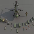 Camouflage Military Attack Helicopter with Weapons Ammunition and Standing Soldier Model