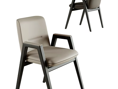 Modern Gray Leather Upholstered Dining Chair With Armrest And Wooden Legs Design 3d model