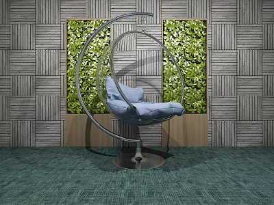 Modern Hanging Chair With Metal Frame Blue Cushion Green Plant Wall And Striped Wooden Wall 3d model