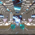 Modern KTV Room Interior With LED Lighting Leather Sofas TV Screens And Purple Decorative Plants