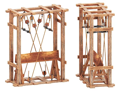 Wooden Mechanical Device With Rope Pulley System And Two Different Frames 3d model