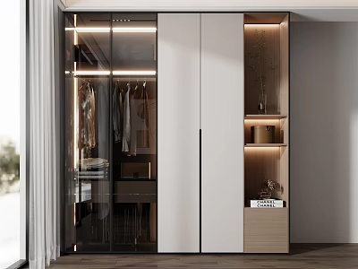 Modern Wardrobe Design With Glass And Wood Doors Lighting And Hanging Space 3d model