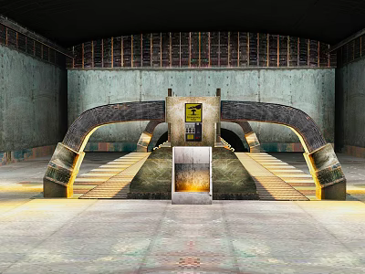 Industrial Futuristic Interior With Arched Metal Walls Yellow Lighting Central Console And Concrete Floor 3d model