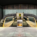 Industrial Futuristic Interior With Arched Metal Walls Yellow Lighting Central Console And Concrete Floor
