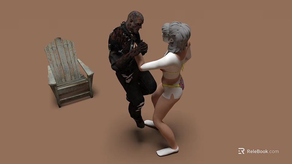 Two People Fighting Scene With Zombie Like Man And Woman Near Old Wooden Chair 3d model 