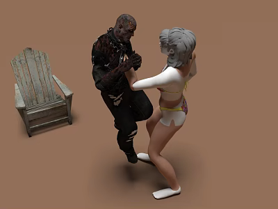 Two People Fighting Scene With Zombie Like Man And Woman Near Old Wooden Chair 3d model